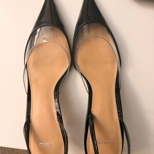 Mango Black Patent Pointed Toe Slingback Heels with Clear Panel